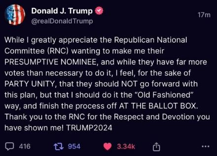 Trump's Tweet to RNC - Thank You