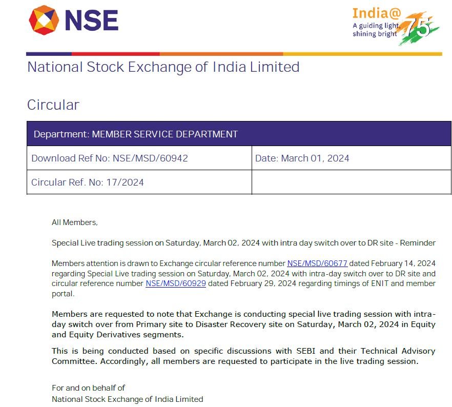 Reminder circular by NSE for Short trading session on 02 Mar 2024